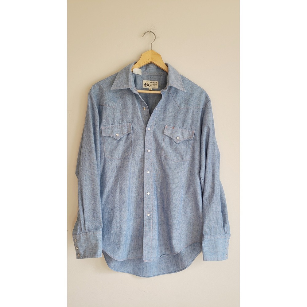 Vintage Big Valley Mens Western Pearl Snap Shirt Blue Chambray L/G